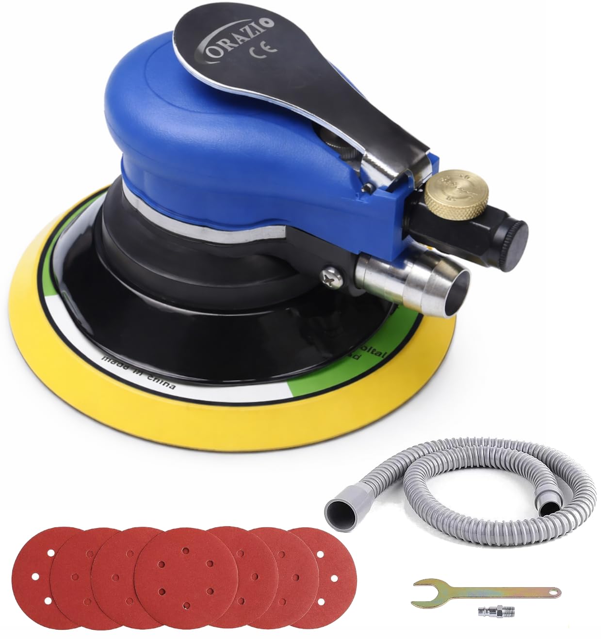 Levigatrice Rotorbitale Pneumatica ORAZIO 6" 150mm Random Orbitale Aria Levigatrice a Doppia Azione con 6 Carta Vetrata e Accessori per Lucidare Levigare Auto 212525