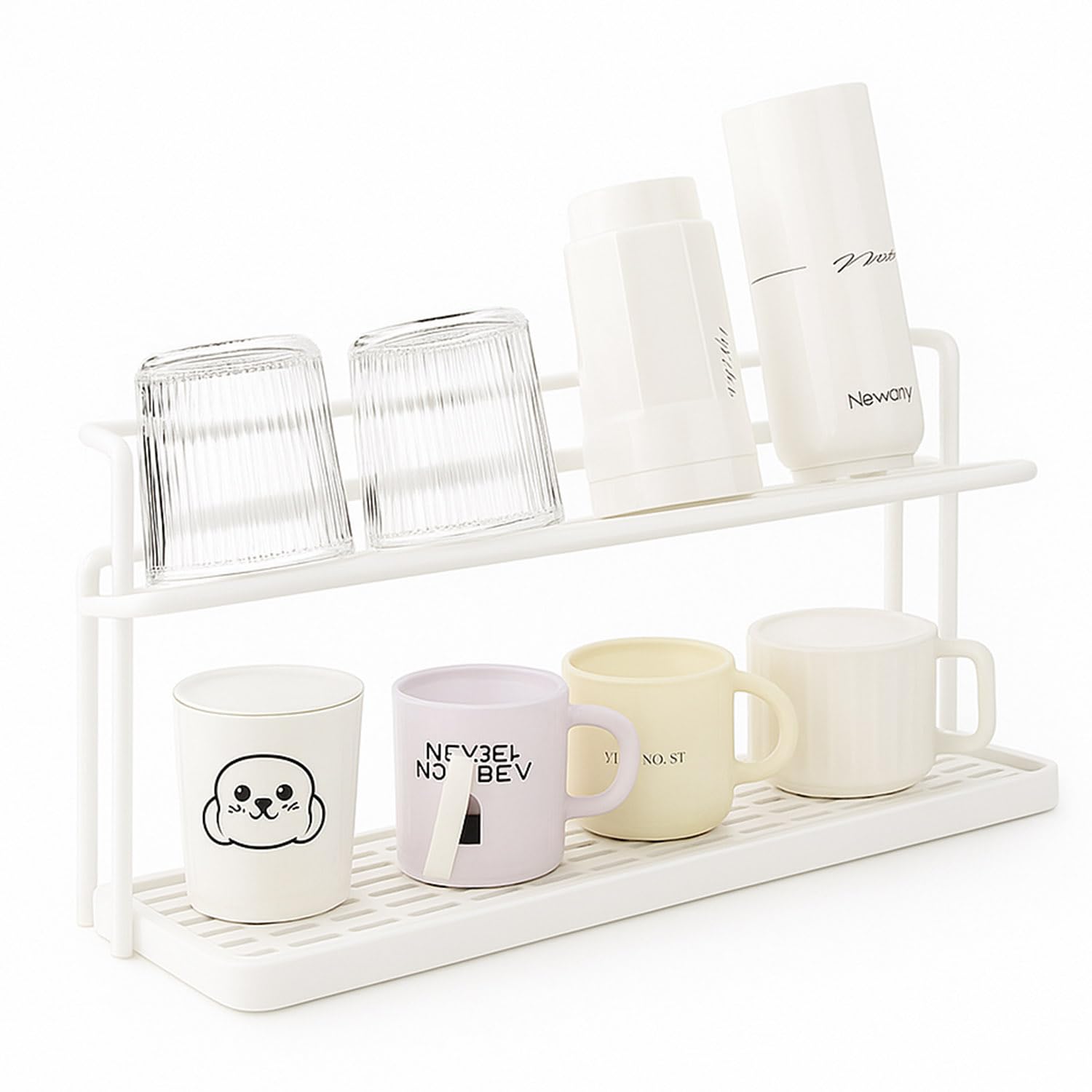 Greenfields White 2-Tier Bottle Drying Rack & Cup Holder – Black Steel Mug Stand with Removable Drip Tray – Space-Saving Kitchen Organiser for Mugs, Tumblers, Bottles, Jugs & Glassware