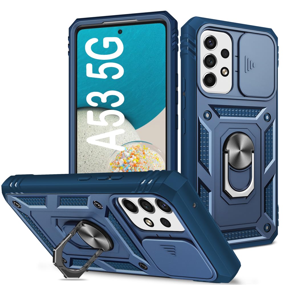 PASNEW Phone Case for Samsung A53 5G,Meatl Kickstand & Slide Camera Cover,Military Rugged Heavy Duty Shockproof Hard Shell,Cases for Galaxy A53 Blue,