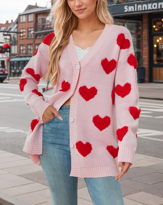Image of Women Love Heart Graphic Oversized Sweaters Valentine Cute Cardigan Open Front Button Kawaii Preppy Aesthetic Clothes
