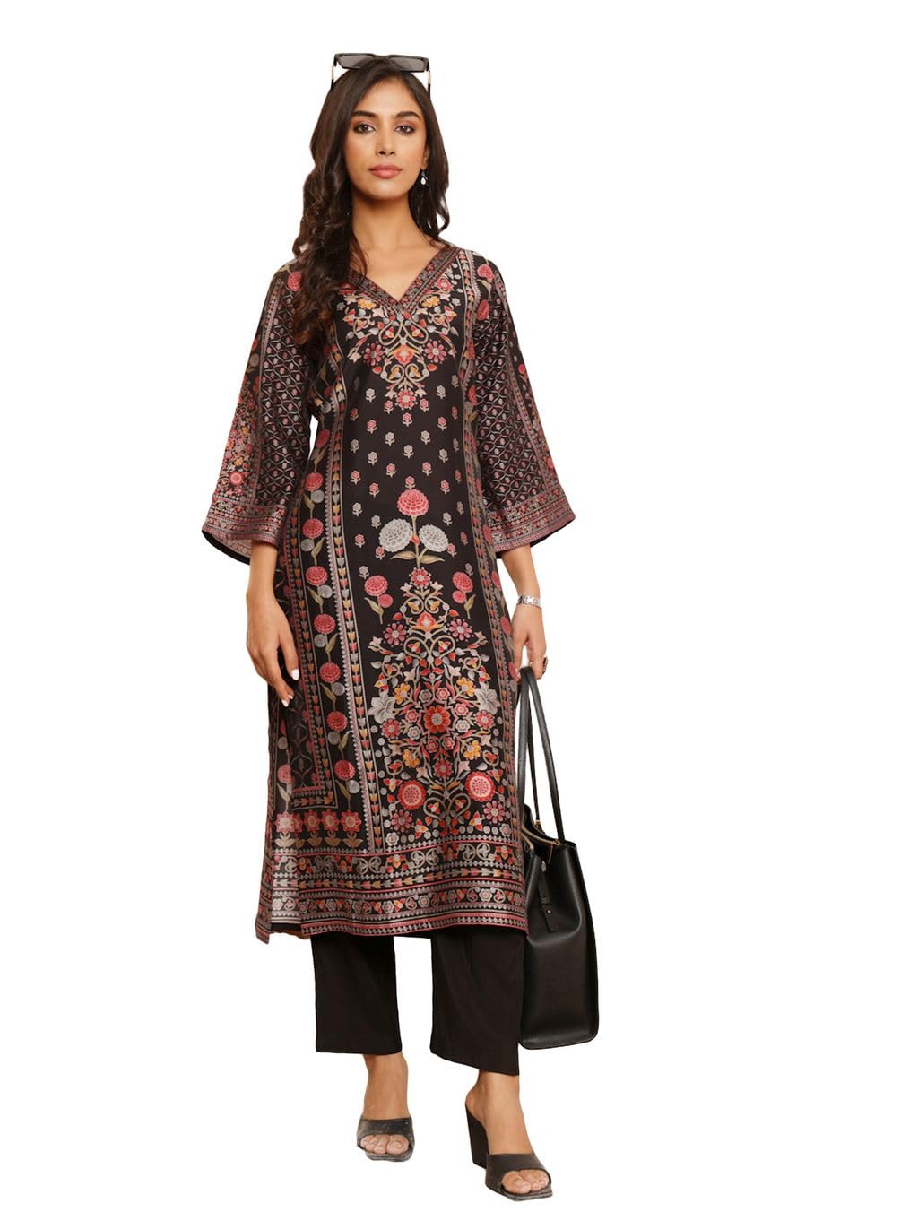 Varanga Women's Viscose Rayon Kurta Set (Vset21166_Black