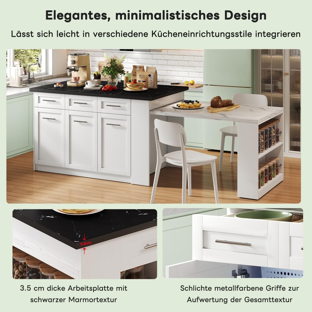 Seyakany Îlot de Cuisine Multifonctionnel avec Table à Manger Extensible Blanche de 150 cm + 96 cm, Plan de Travail/Table en Bois marbré Noir/Blanc, armoires de Rangement intégrées