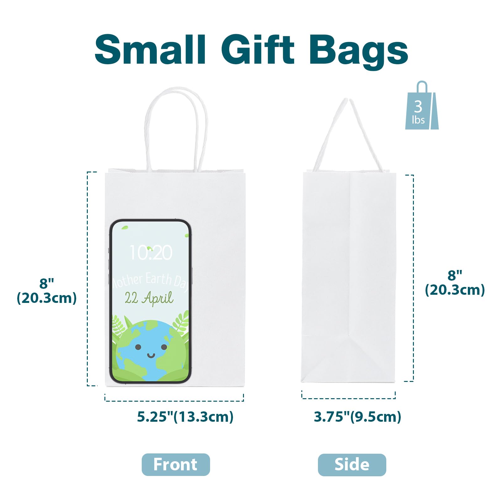 MESHA Gift Paper Bags 20Pcs 5.25 x 3.75 x 8 Inch White Small Kraft Shopping Bags Bulk with Handles, Reusable Bags for Small Business, Retail, Party Favor, Wedding, Made in USA