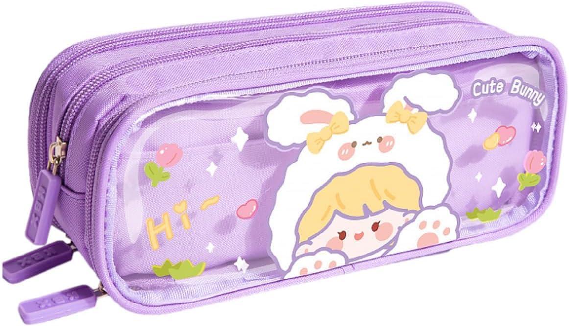 Ranjkri Canvas Large Capacity Transparent Cute Cartoon Print Pencil Case Three Compartment Aesthetic Pencil Case for Girls Multifunctional Stationery Organizer for School Office (Cute Purple Bunny) (B0DGQ9H679) Amazon Price History, Amazon Price Tracker