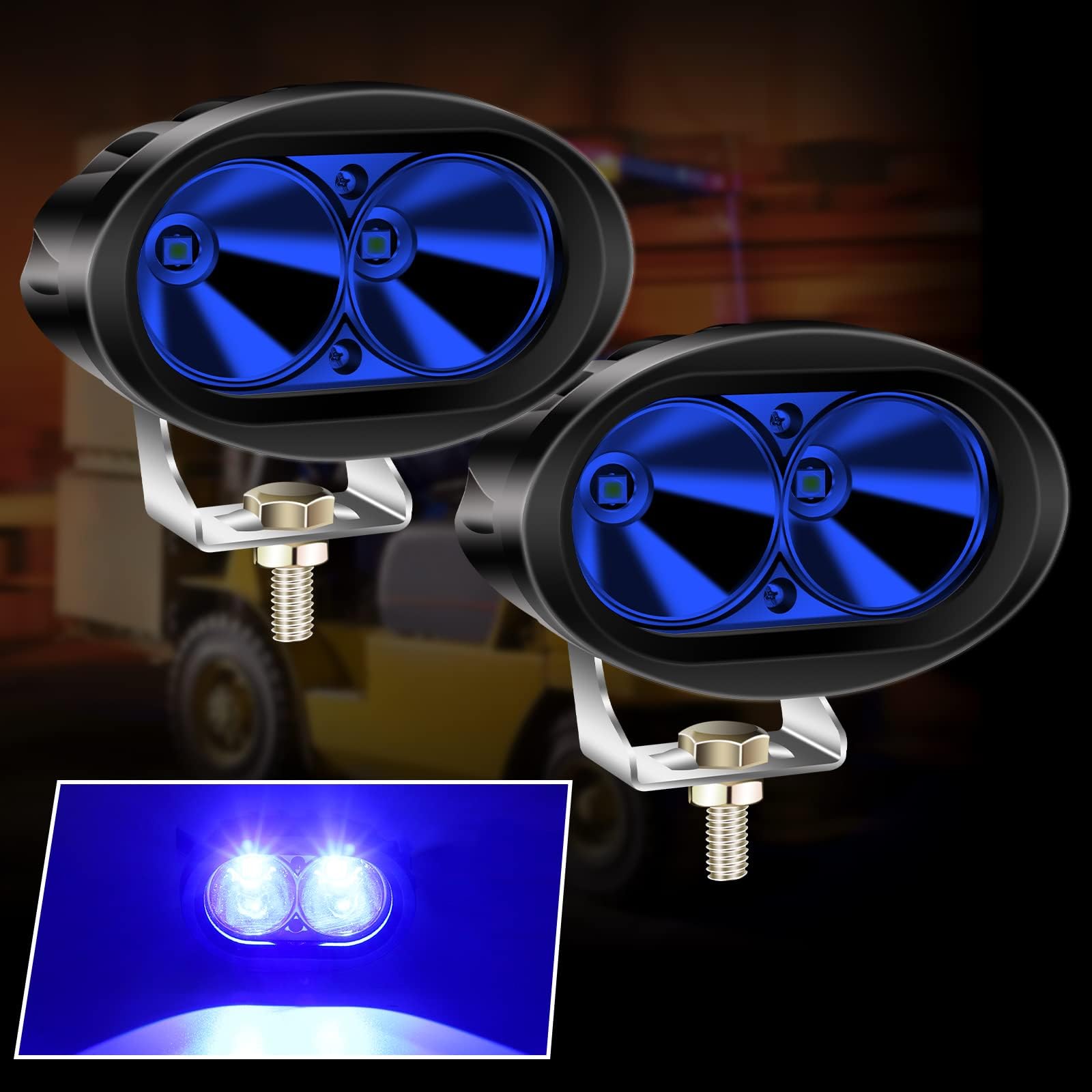 Phare Additionnel Moto LED Bleu 20W - Lampe Avant Ronde Pour Chariot Élévateur, Camion Tout-Terrain, Tracteur - Feux Brouillard 12V/24V - 2 Pièces