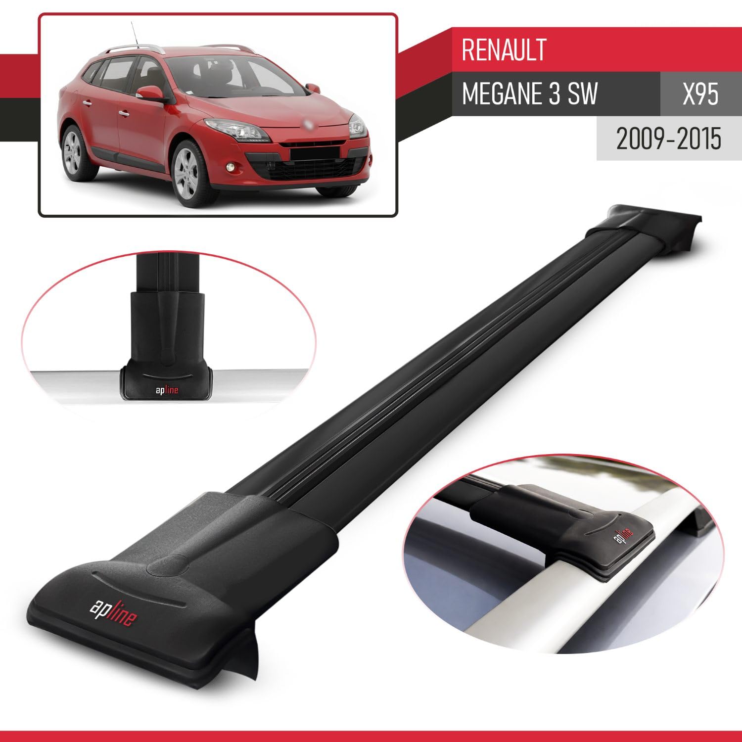 Kompatybilny z Renault Megane 3 SW (X95) 2009-2015 FLY Model Aluminiowe poprzeczki dachowe Czarny 3 szt.