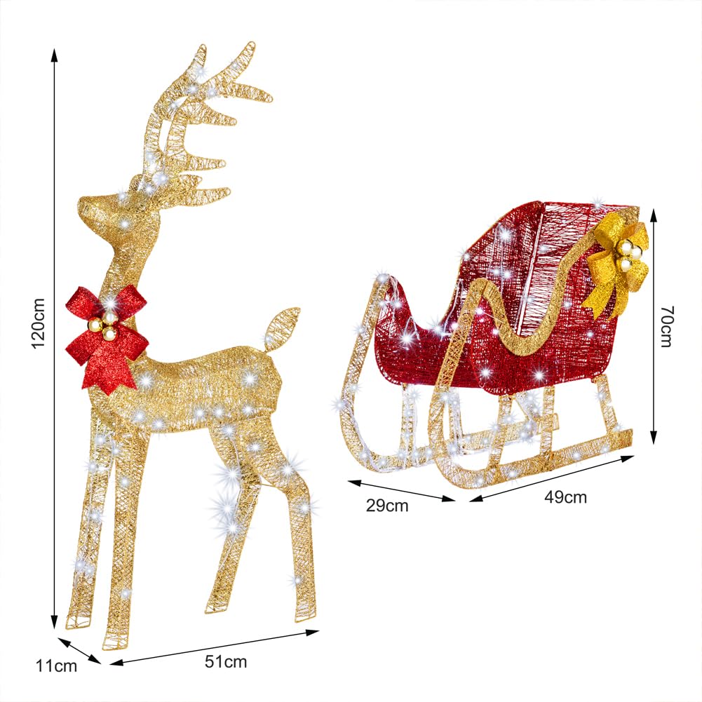 BAKAJI Renna Natalizia Luminosa XXL con Slitta per Esterno con 8 Funzioni di Luce, Decorazione Natalizia 120 cm Altezza, Decorazioni Addobbi LED di Natale per Giardino (Bianco Freddo)