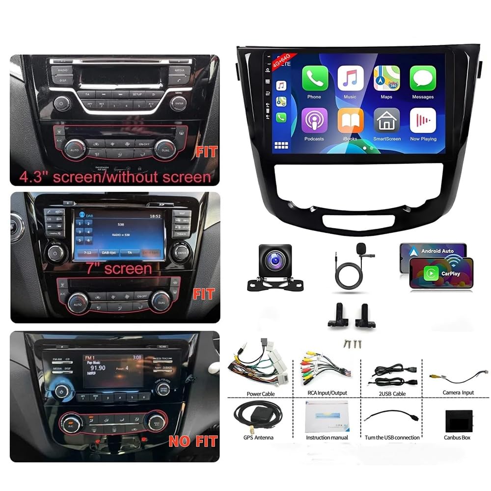 4+64G Android 14 Autoradio pour Nissan X-Trail Qashqai 2013-2017 GPS avec Wireless Carplay Android Auto Radio Dab 10 Pouces Radio Double DIN Bluetooth WiFi FM SWC caméra de recul RDS