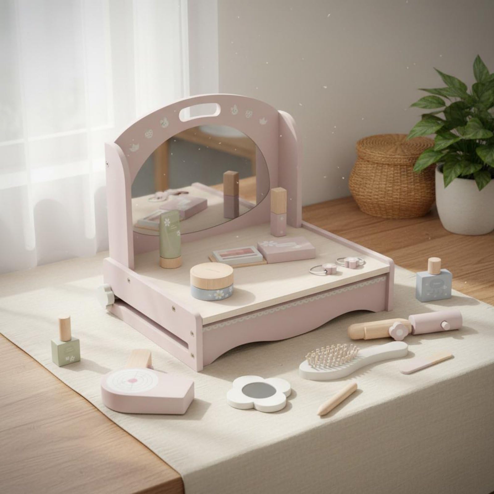 Set da Trucco Finto per Bambini Idea Regalo Set Trucchi e Parrucchiere Finti Interazione Genitore-Figlio Kit Cosmetici in Legno per Stanza Dei Giochi