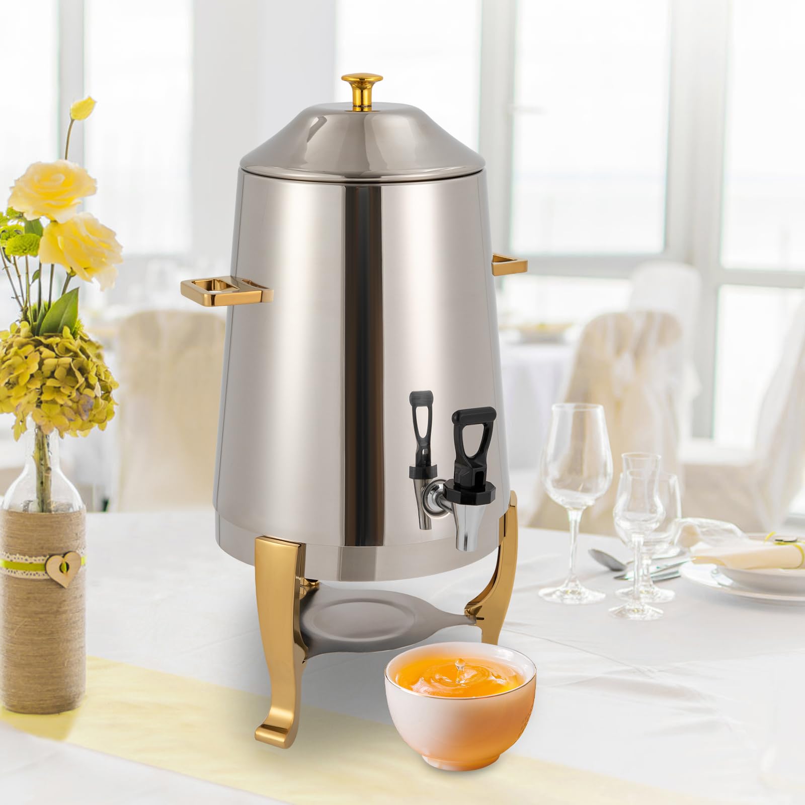 CAIHAOA 13L/3.43 Gallon Hot Beverage Dispenser, Stainless Steel Chafer Design Hot Drinks Dispenser with Spigot, Coffee Urn w/Heating Board & Fuel Tray for Home, Hotel, Party Use (Fuel Heating, Gold)