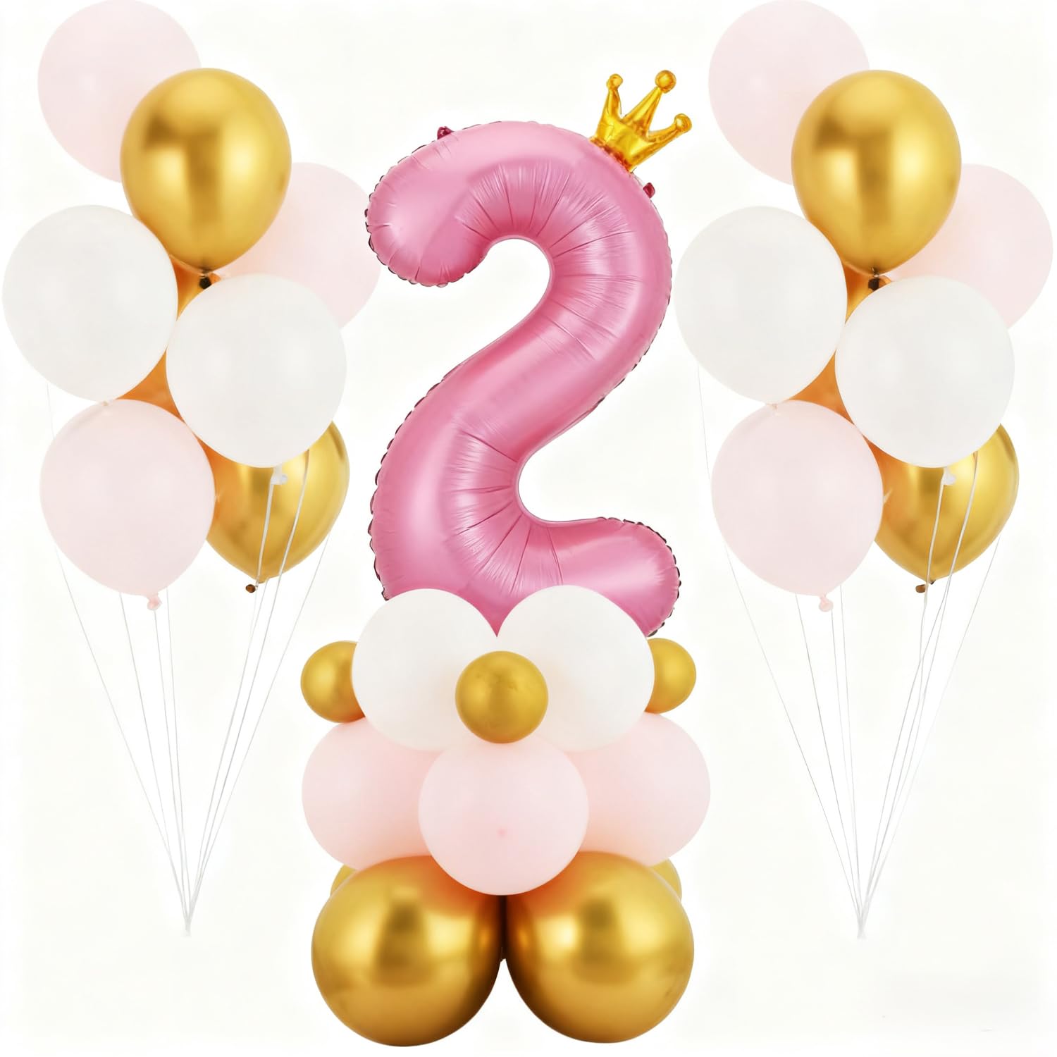 2nd Birthday Decorations for Girls,Pink Number 2 Foil Balloon,RETWOT 40 Inch Pink 2 Balloon Giant Tower with Crown Design 32 Latex Balloons for Girls 2Year Birthday Party Decoration