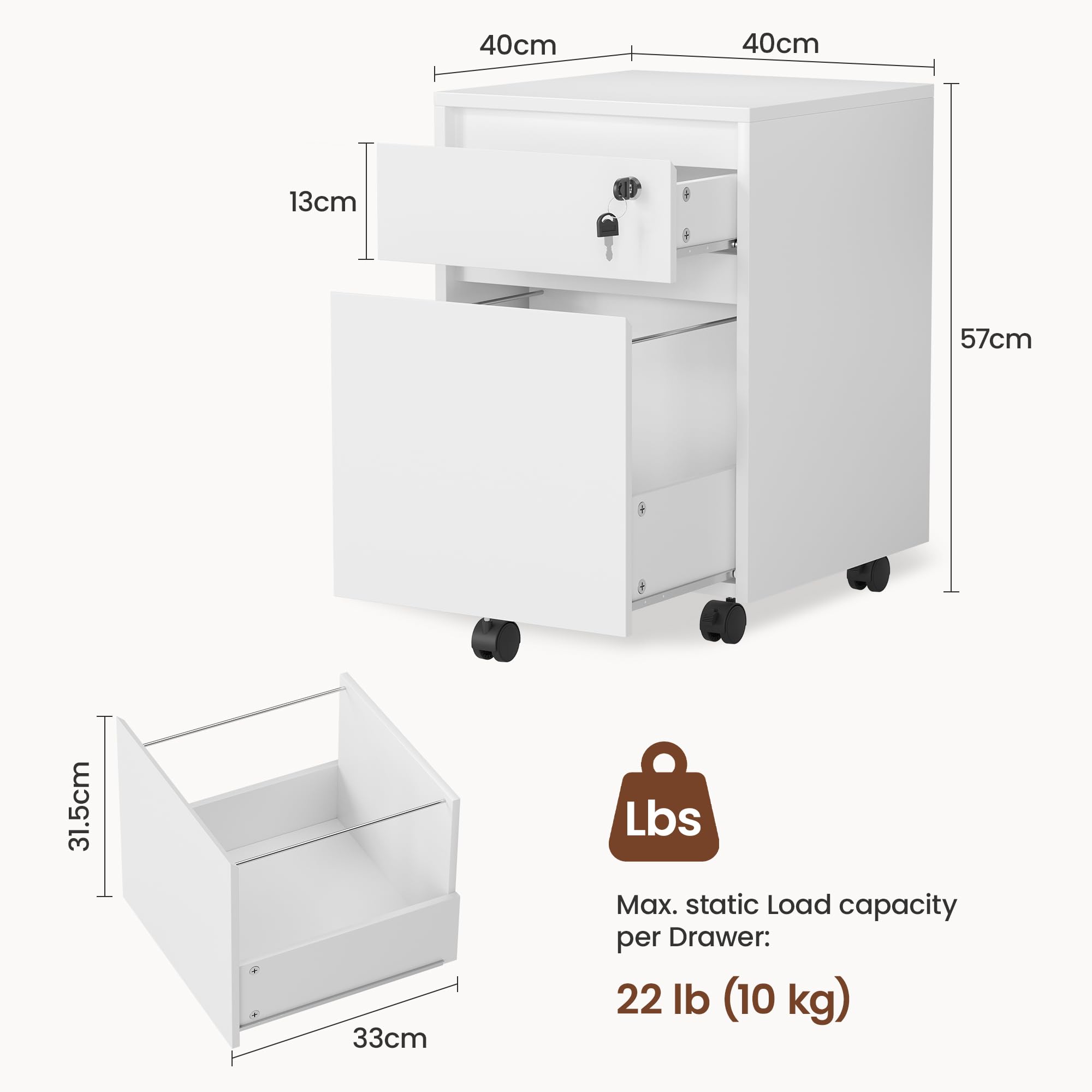 YOUDENOVA Schedario da Ufficio con 2 Cassetti e Serratura, Cassettiera Sotto Scrivania con 5 Ruote, Armadietto per Documenti A4 e Cartelle Sospese, 40x40x57 CM, Bianco