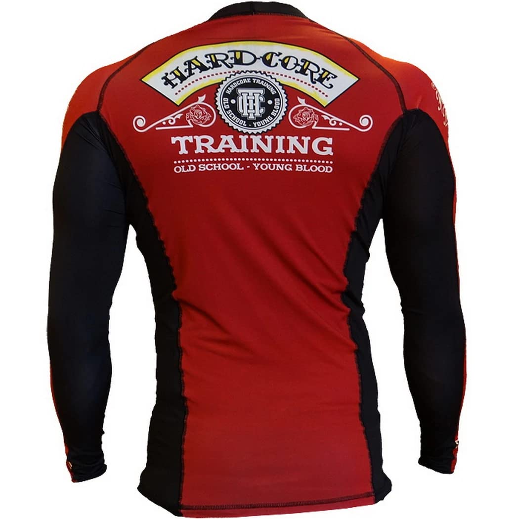 Hardcore Training Rash Guard Mężczyźni Kompresja Koszulka Długi Rękaw BJJ MMA No-Gi Obcisła Grappling Boks (DE/NL/SE/PL, Alfa, XL, Regularny, Regularny, czerwony czarmy)