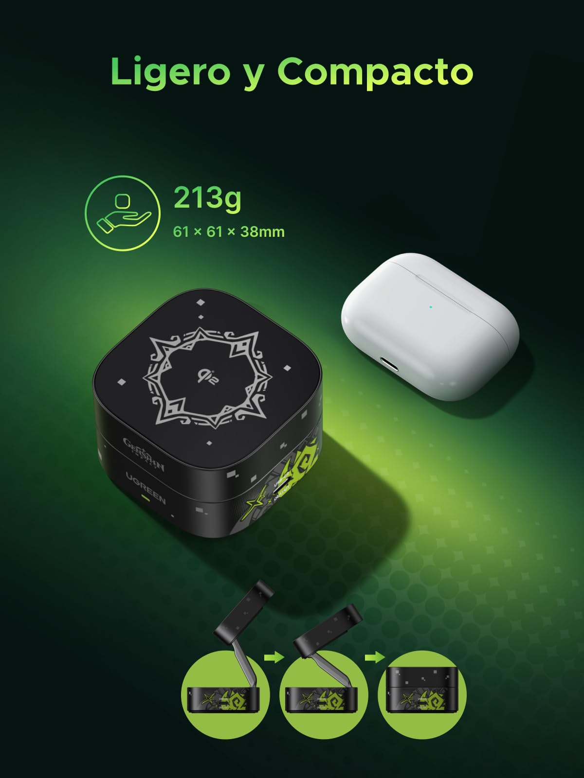 UGREEN MagFlow Cargador Inalámbrico Qi2 15W, Estación de Carga de Auriculares 2 en 1, Compatible con iPhone 17 Pro Max Air/16/15/14/13/12 Series, AirPods Pro 2/3, Gris