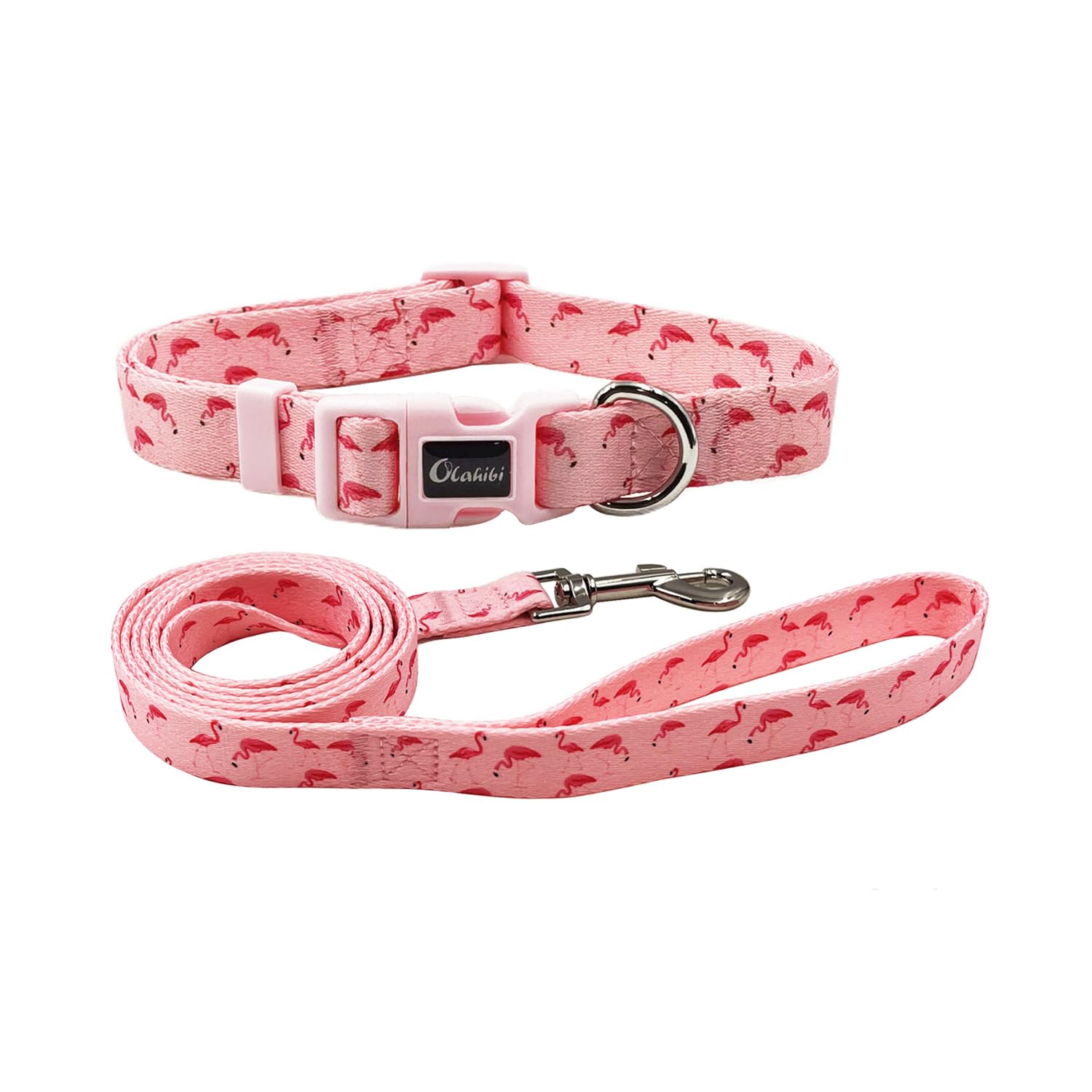 Olahibi Dog Collar Leash Combo Set, Flamingo Pattern, Polyester Webbing, Collar and 150CM Matching Leash