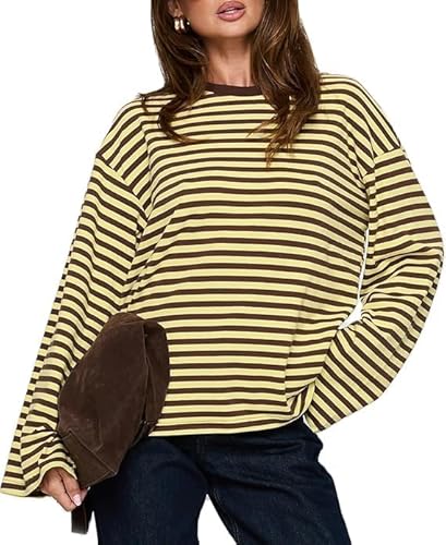 FeMereina Striped Long Sleeve Shirt Women Y2k Oversized Crewneck Vintage Tops Fall Winter Drop Shoulder Cute Preppy Pullover (Yellow, M)