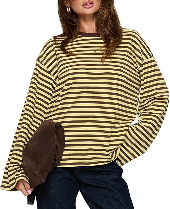 FeMereina Gestreiftes Langarm-Shirt für Damen, Y2K, übergroßer Rundhalsausschnitt, Vintage-Top, Herbst, Winter, überschnittene Schultern, niedlicher adretter Pullover, gelb, L