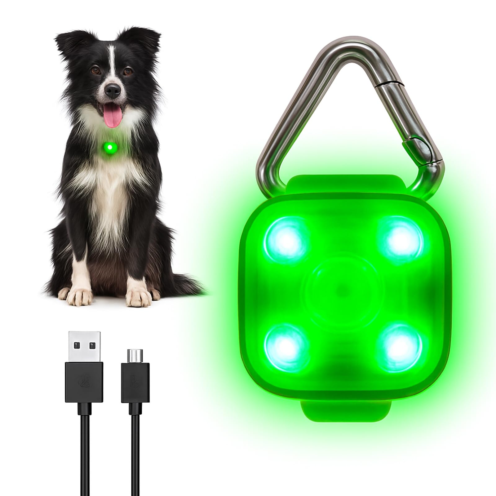LED Dog Collar Light Rechargeable Clip On – Waterproof USB Pet Safety Light for Dogs, Cat & Owner Visibility, Ideal for Night Walking, Running & Camping (Green)