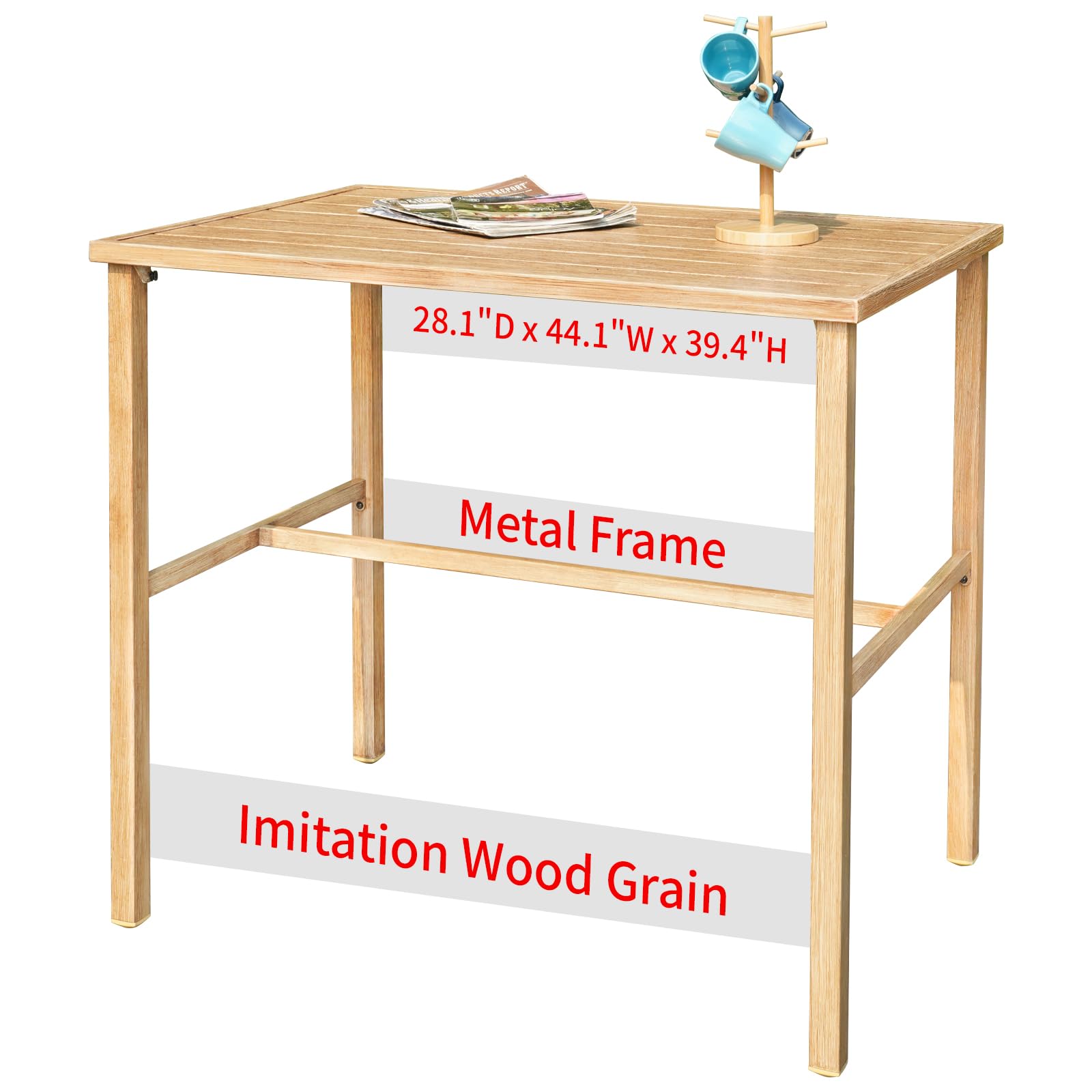 44.1” Bar Table, Outdoor Patio Table Metal Counter Height Table, Waterproof Industrial Design High Pub Table for Living Room, Dining Room, Kitchen - Imitation Wood Grain
