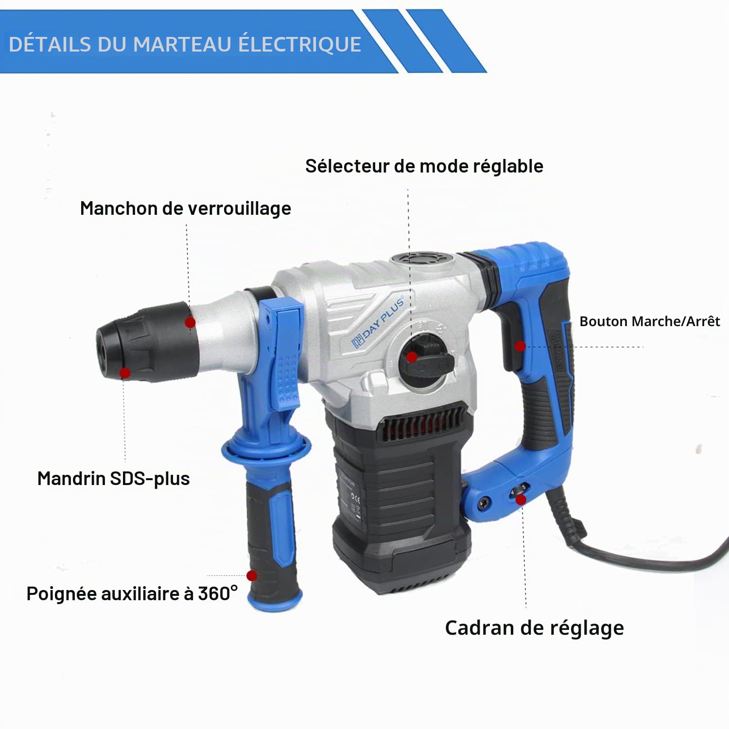 Marteau-perforateur électrique, Marteau piqueur Utilisé pour le Béton,le Métal et la Pierre (1500W,4 Modes, Mandrin SDS Plus,Tête robuste en aluminium,Livré avec accessoires et Mallette de rangement)