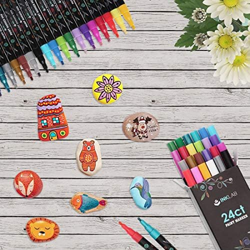Acrylic Paint Pens 24 Colors Permanent Marker Pens Quick Dry for Rock Wood Metal Glass Canvas Ceramic DIY Crafts, Water Based Ink & Medium Tip