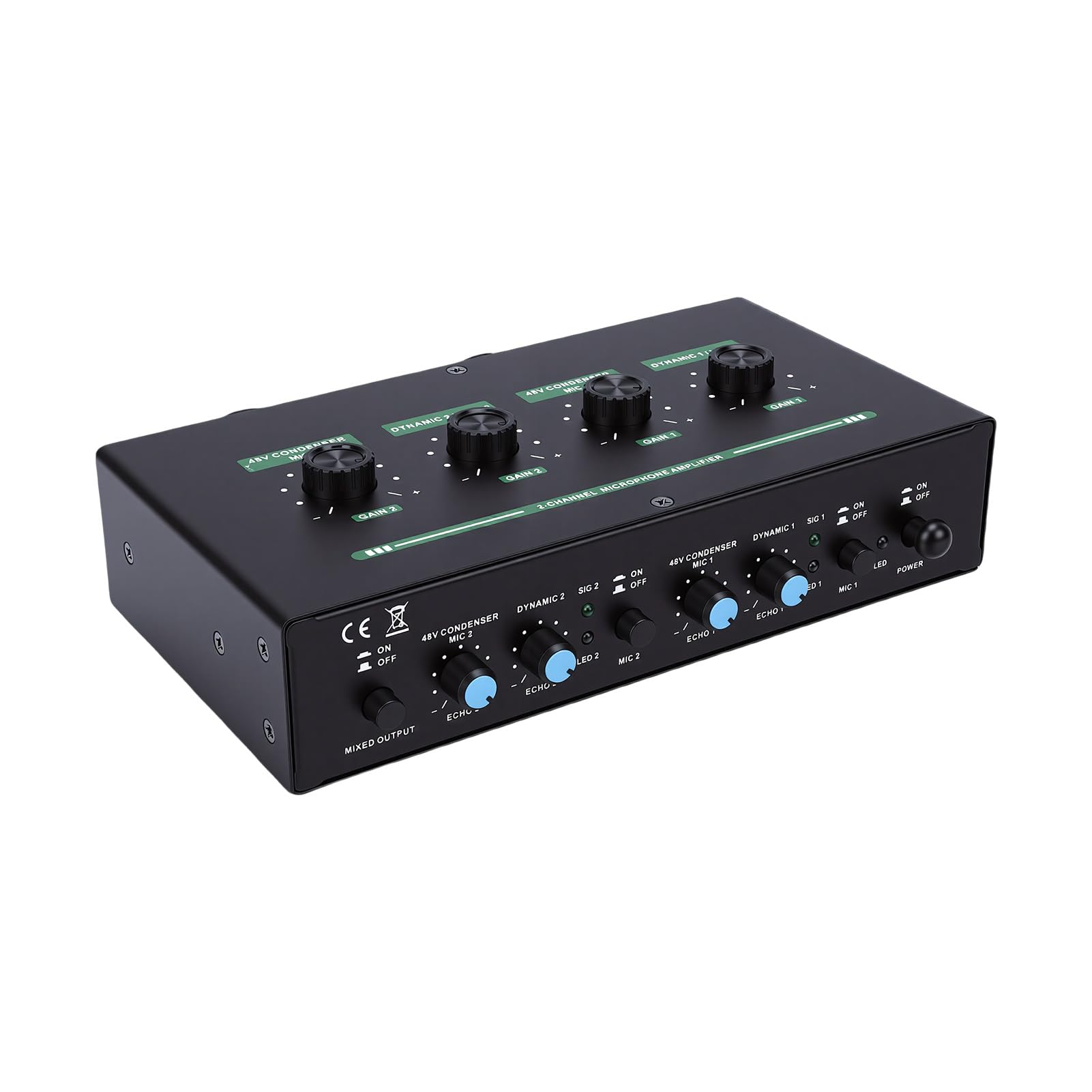 Focket Mikrofonmischer, 2-Kanal-Audio-Interface mit XLR-6,35-mm-3,5-mm-Eingängen, 48-V-Phantomspeisung für Dynamische Kondensatormikrofone, Wiederaufladbarer Akku, Rauschunterdrückung, Metallgehäuse