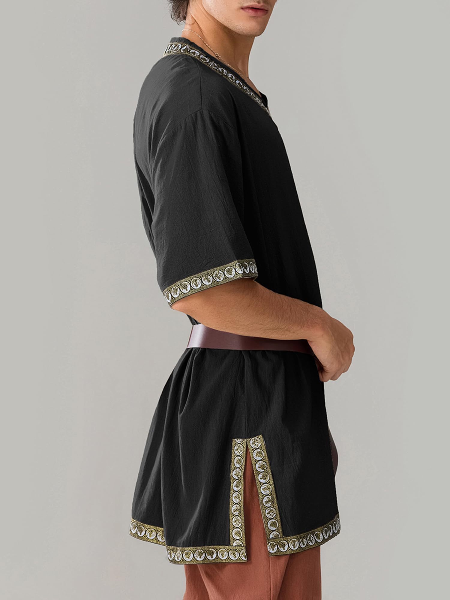 Springcmy Men Medieval Costume Renaissance Templar Tunic Viking Knight Pirate Vintage Warrior Halloween Cosplay Party Tops (Black, XL) - Image 3