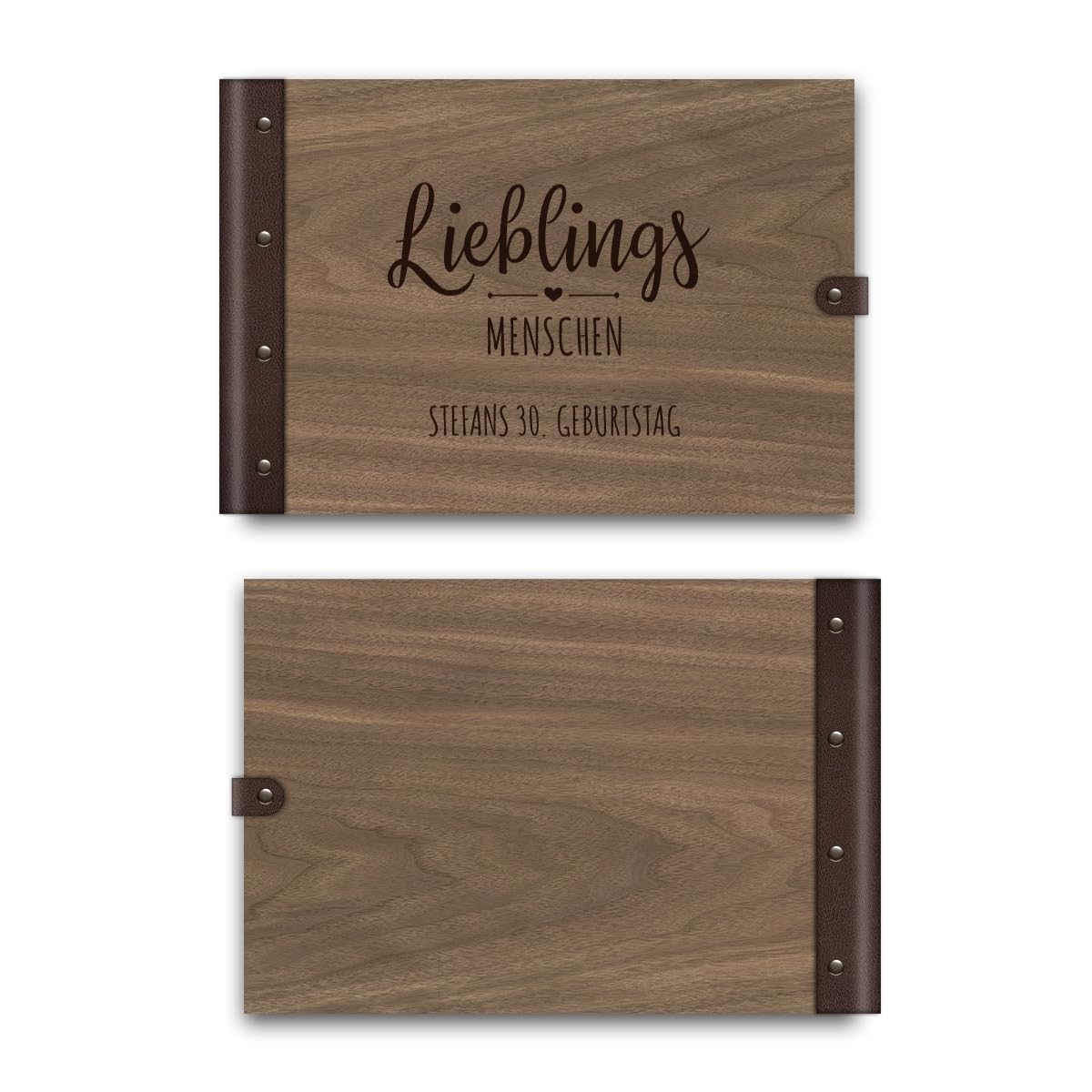 Personalisiertes Geburtstag Gästebuch echtes Holz DIN A4 Erinnerungsbuch mit Lasergravur - Lieblingsmenschen - mit 72 Blatt / 144 Seiten Naturpapier Weiß
