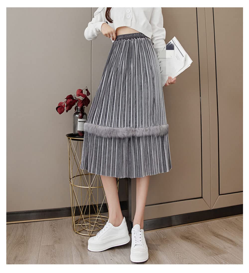 Faldas De Invierno para Mujer, Faldas Plisadas Grises De Terciopelo Dorado para Mujer, Falda Midi De Talle Alto con Cintura Elástica, Falda De Invierno, Faldas