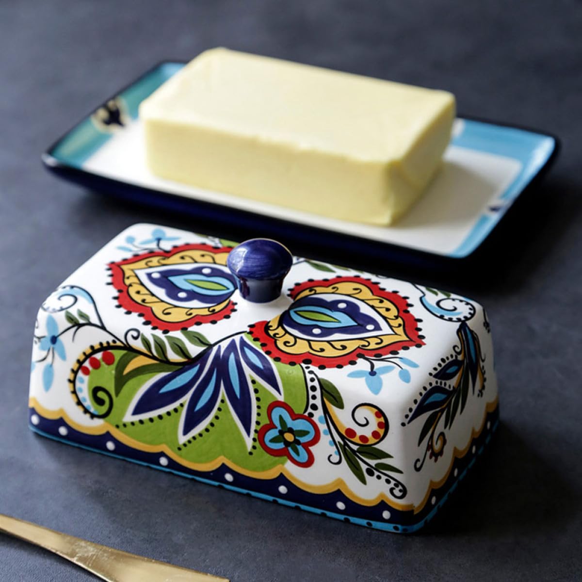 SOLUSTRE Butterglocke Keramik mit Deckel 250g Spülmaschinenfest Vintage Design zur Aufbewahrung von Käse und Früchten im Kühlschrank