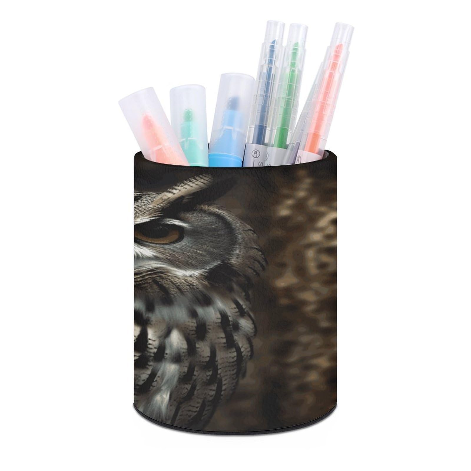 VstaDank An Owl Pen Holder Round Pencil Holder Cup Pen Container PU Leather Desk Organizer Stand Decor Brush Scissor Holders Decoration Office Desk Home (3.1 X 3.9 Inches)