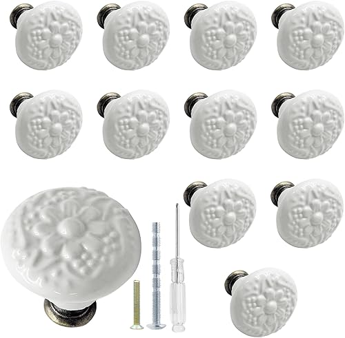 Biaungdo 12 pomos y tiradores de cerámica blanca para gabinetes de cocina, pomos redondos retro vintage para cajones, manijas decorativas para