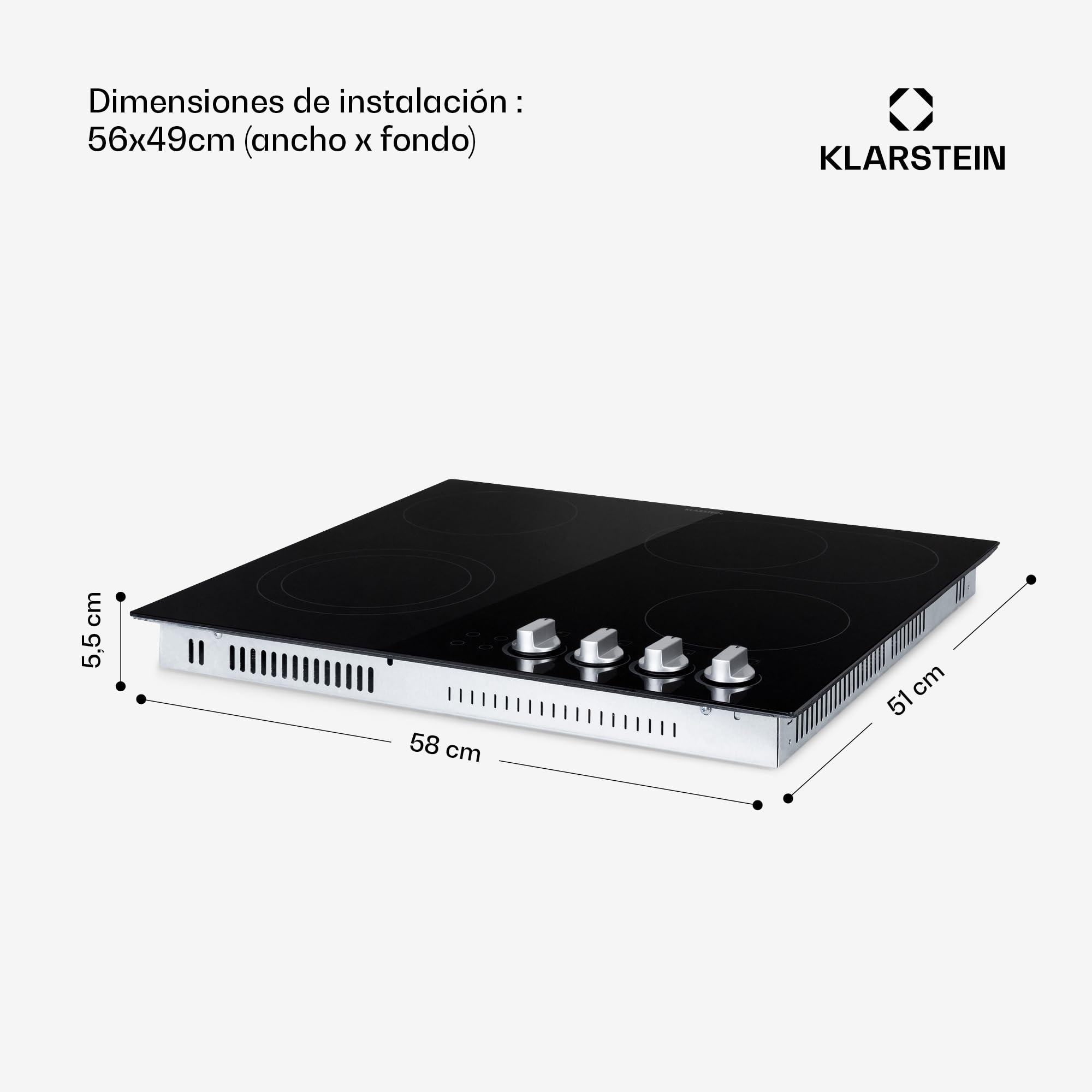 Klarstein Placa Vitrocerámica 6100W, Encimera Eléctrica de 4 Fuegos, Placa de Cocina Eléctrica Integrada, Vitrocerámica con Control Táctil