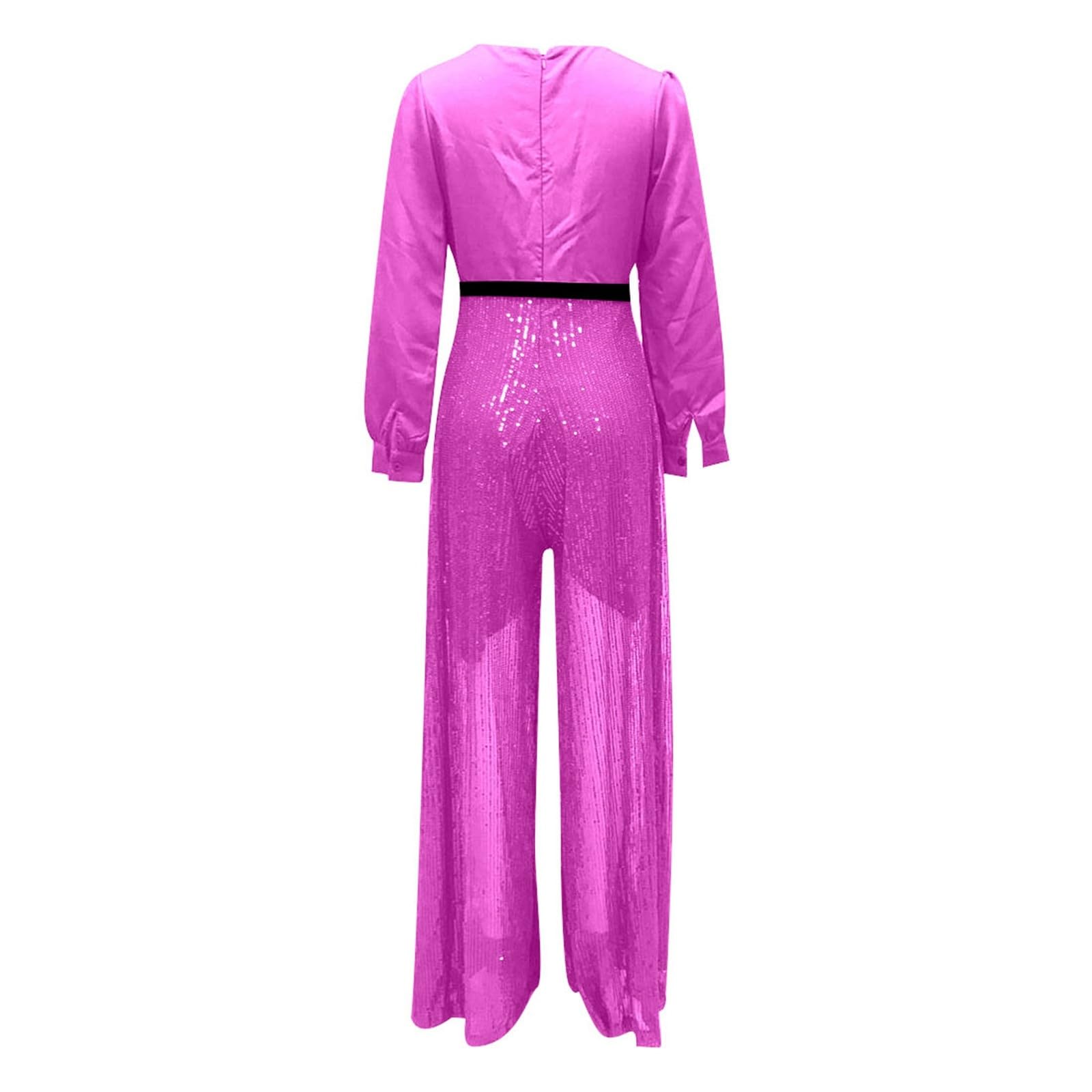Genérico Monos De Vestir Mujer - Elegante Mono Cuello en V Mangas Largas Estilo Cintura Pierna Ancha Lentejuelas Ideal Nocturnas Casual