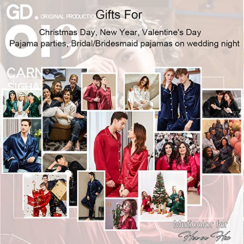 Swomog Couples Matching Pajamas Set Silk Satin Long Sleeve Loungewear 2 Pcs Sleepwear Elegant Button Down Pj Set Red #TOP4