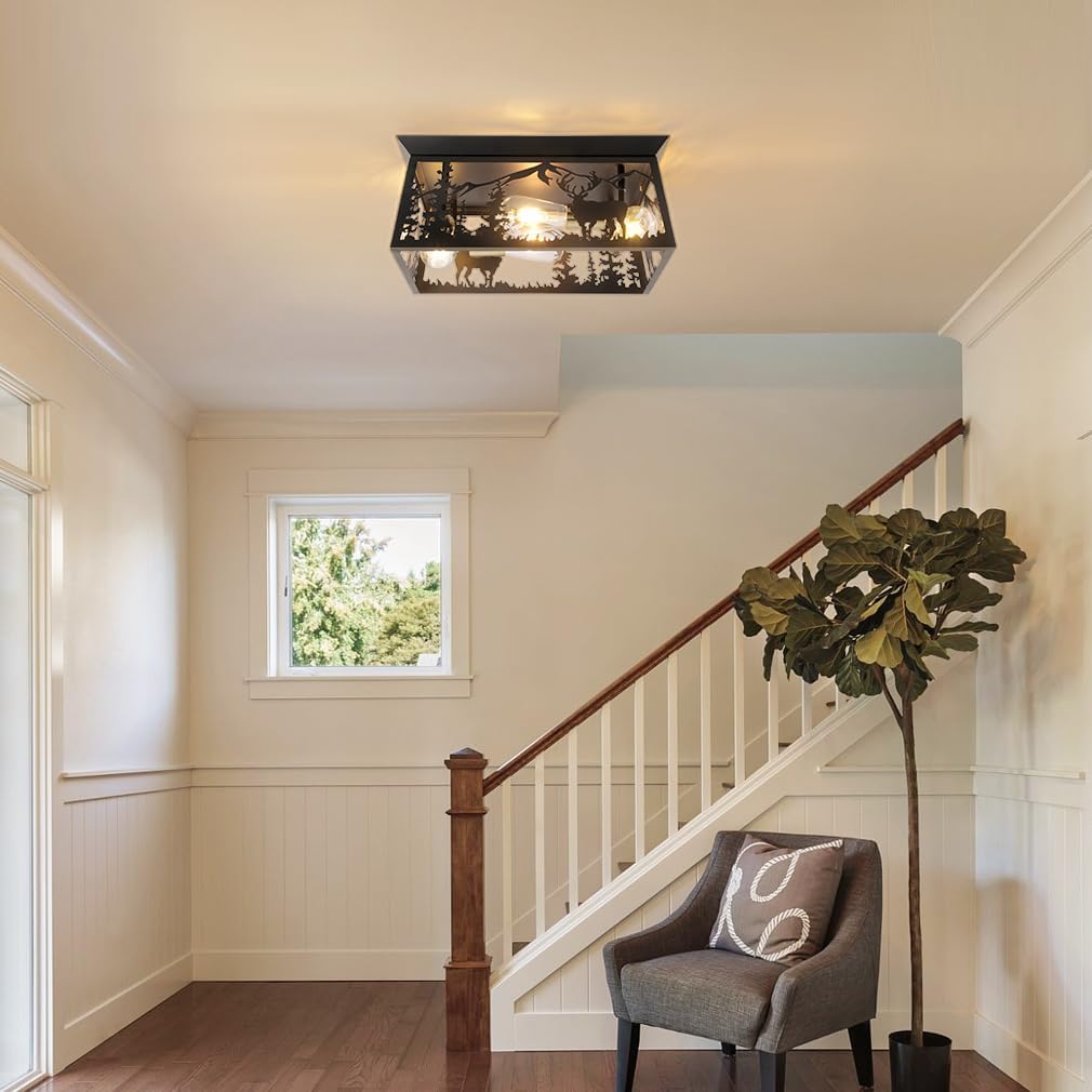 Rustic Ceiling Light 16", Farmhouse Deer 4-Light Flush Mount, Square Black Close to Ceiling Light for Kitchen, Hallway, Hall, Entryway, Cabin
