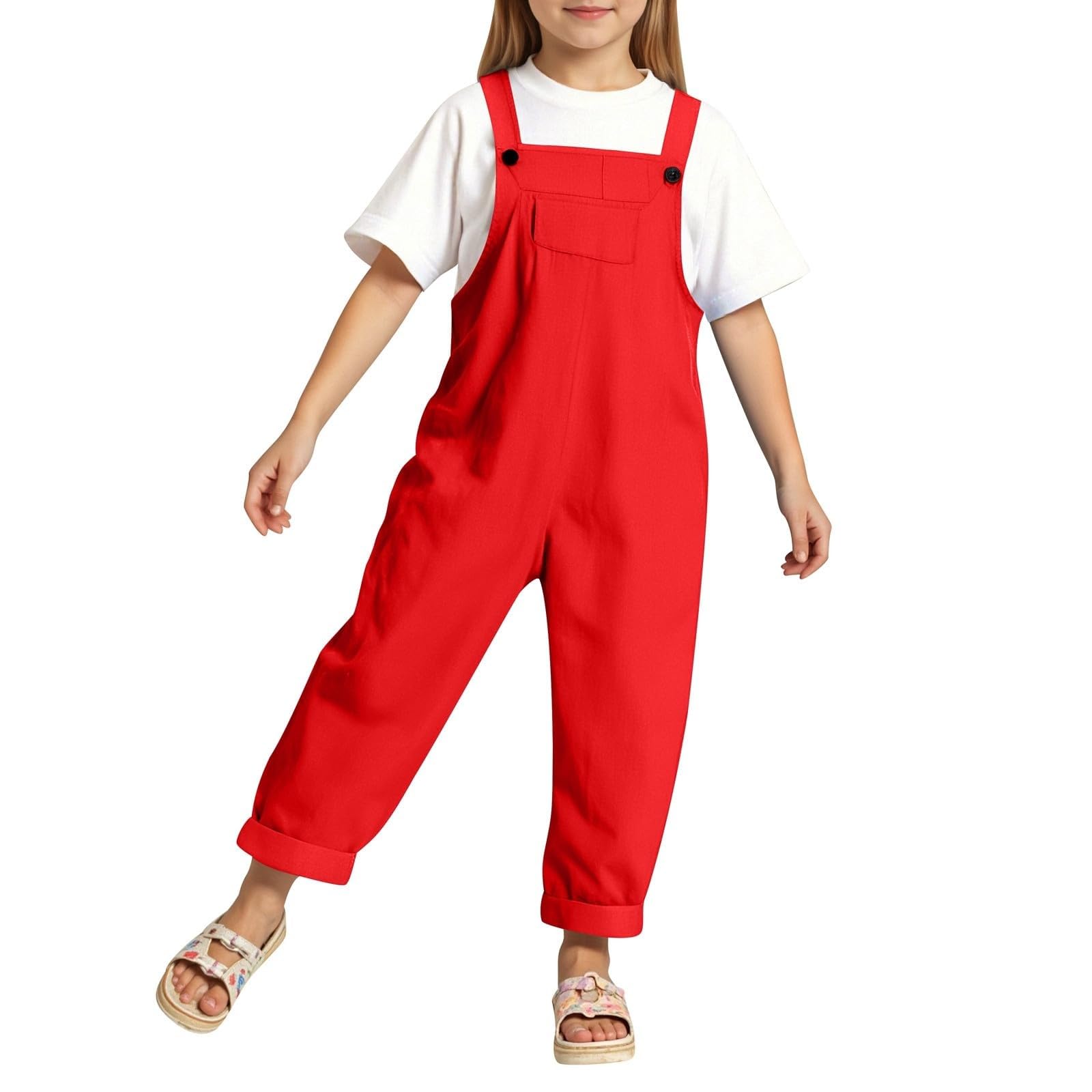 Generico Mono Niña Elegante con Correa Ajustable Pantalones Anchos Algodón Sin Mangas Jumpsuit Bolsillos 3-14 Años