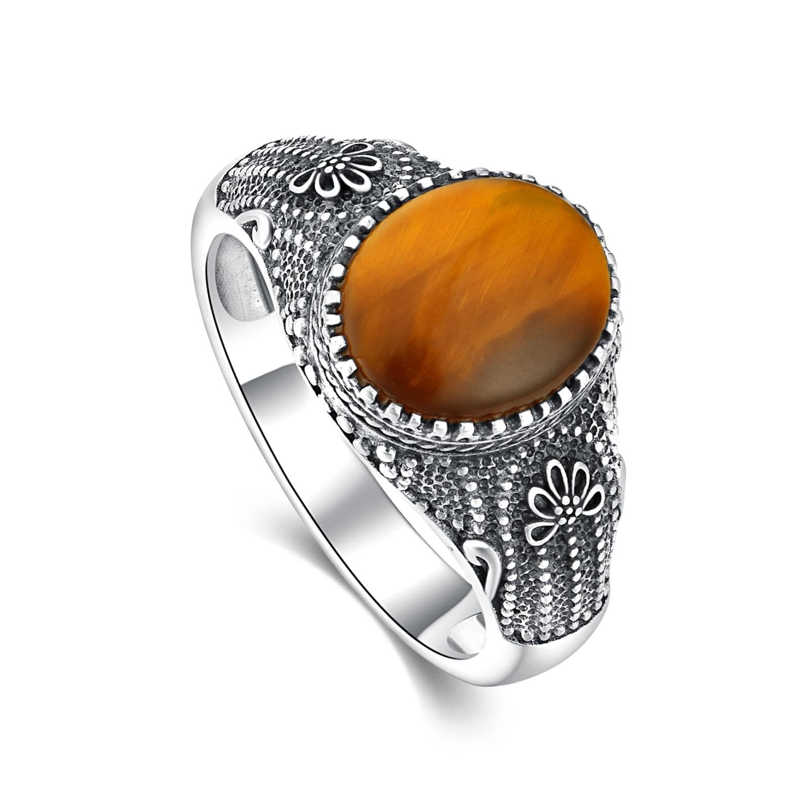 GDHKDDFL Gemstone rings, 925 Sterling Silver Brown Gemstone Ring with Custom Name, Mystic Retro Tiger Eye