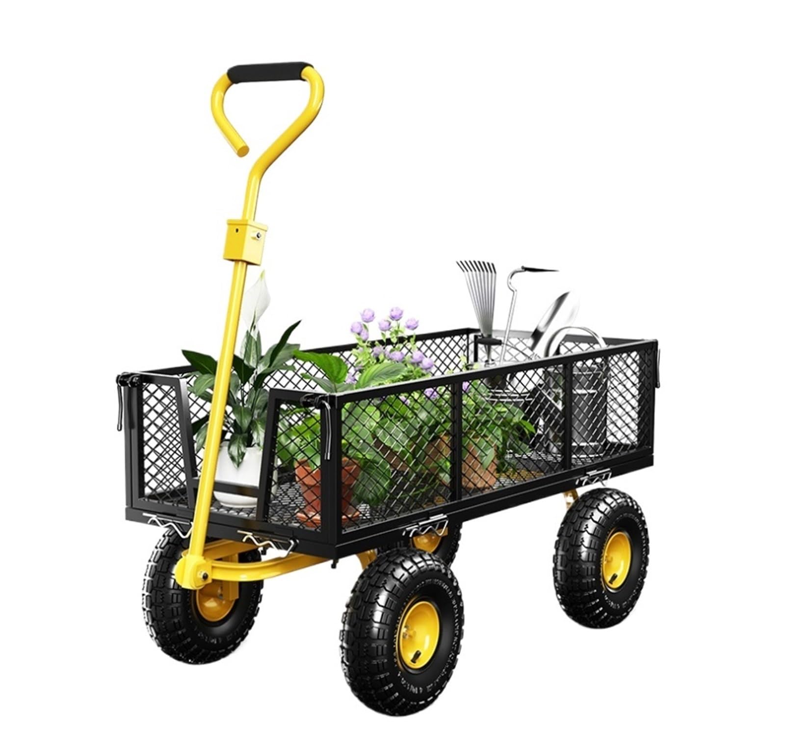 Heavy Duty Utility Wagon with Removable Mesh Sides Folding Garden Dump Cart, for Lawn Camping Farm Yard