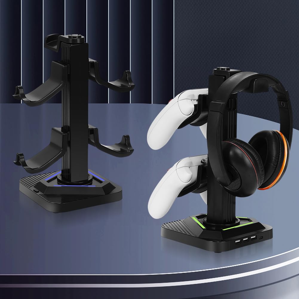 Soporte para auriculares para juegos con iluminación RGB y puertos USB para controladores universales