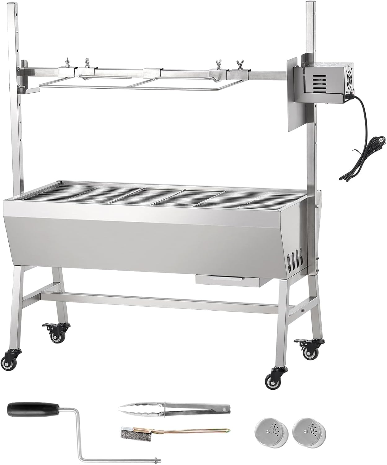 Happybuy Upgrade Rotisserie Grill, 35 Inch 90 Lbs Capacity, BBQ Whole Pig Lamb Goat Charcoal Spit Grill, Electric 42W Motor Stainless Steel Rotisserie Roaster with Lockable Wheels, for Camping Outdoor