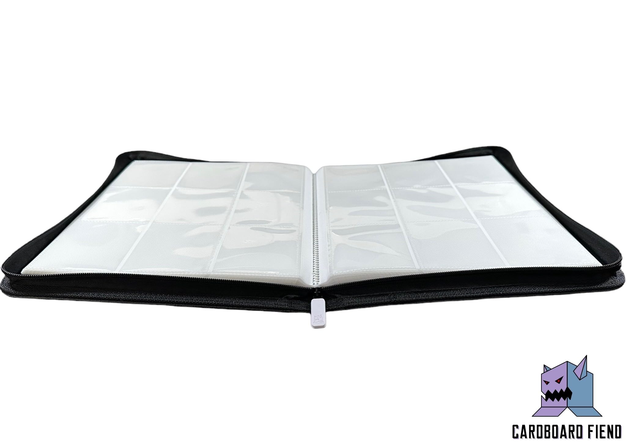 Cardboard Fiend - 9 Pocket Trading Card Zip Binder Album - 360 Side Loading Pockets - Premium 20 White Pages