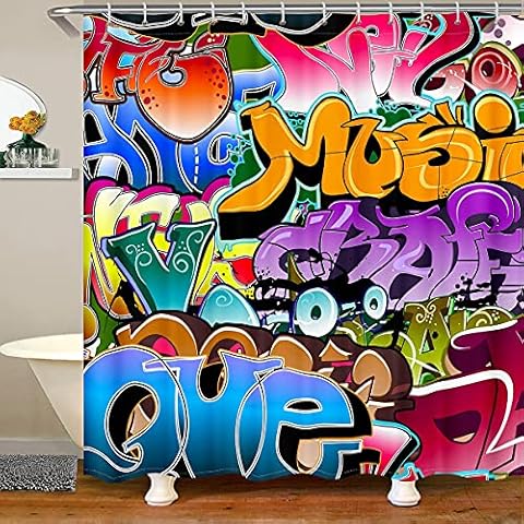 Loussiesd Graffiti Stil Duschvorhang 180x210cm Kinder Hip Hop Thema Tröster Abdeckung für Jungen Jugend Illustration Mann Duschvorhang Textil Straßenkultur Wasserdichtes Mit Haken Cover