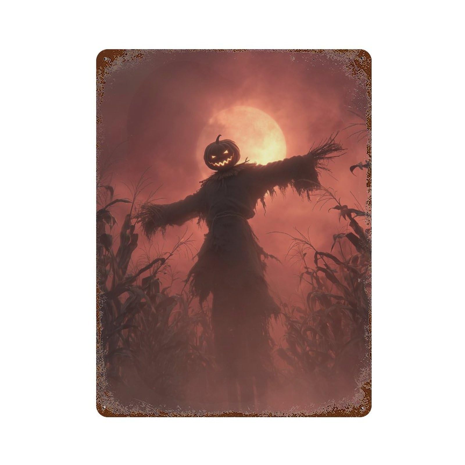 Garage Style Halloween Scarecrow with Full Moon Decorative Tin Sign 15.7"x11.8", Shabby Chic Decor for Bar And Workshop