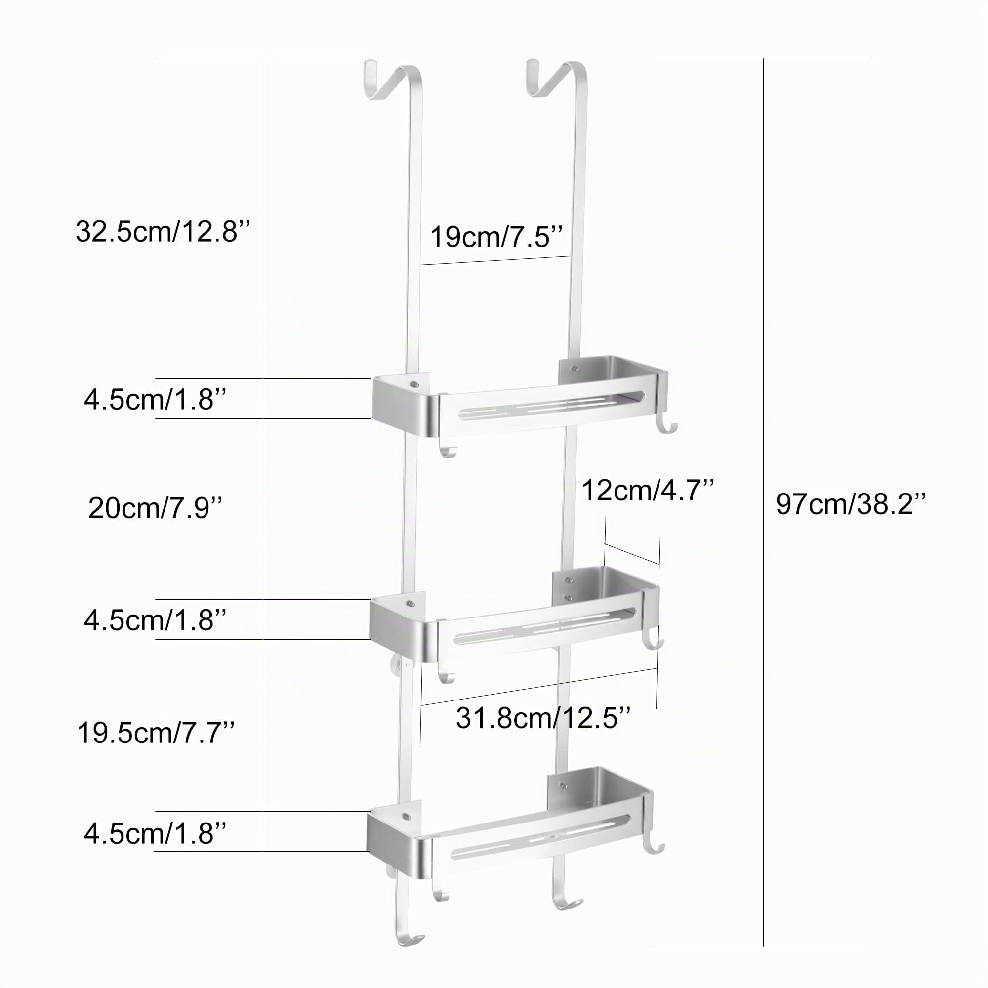 Duschregal zum hängen, Badezimmer-Duschablage, über der Tür hängende Duschablage, rostfreies Aluminium-Duschregal, Badezimmerregal mit Haken (drei Silber)