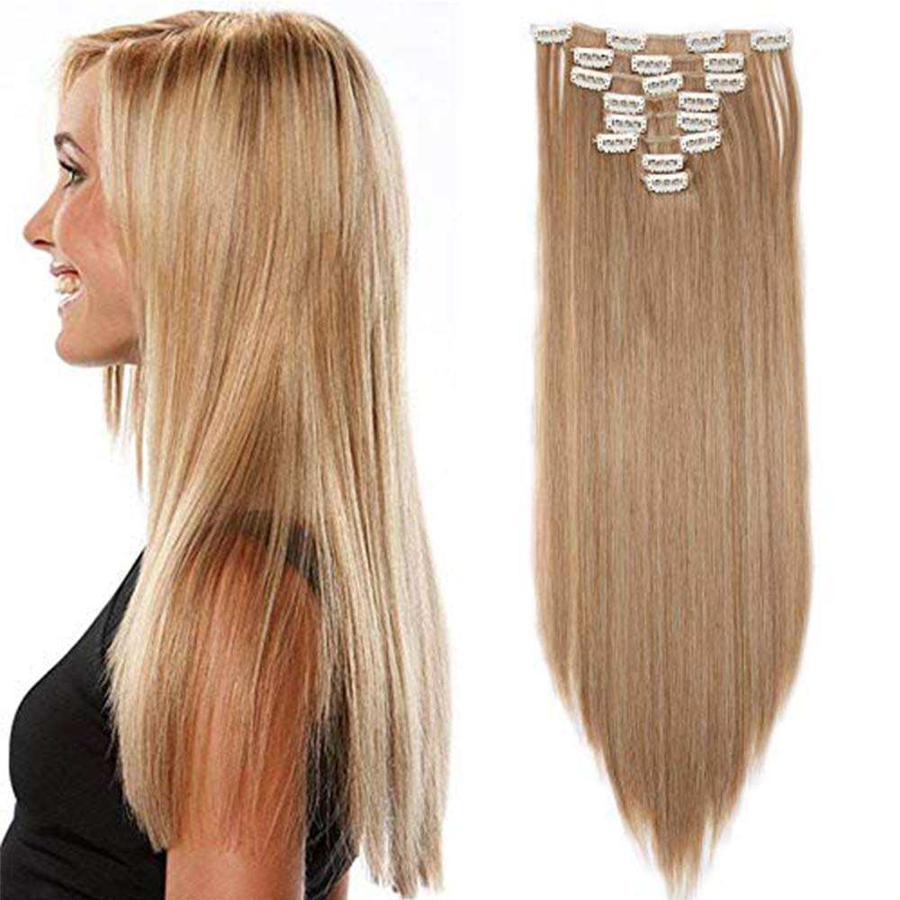 23"(58cm) SEGO Extensiones de Clip Pelo Sintético Se Ve Natural 8PCS [Arena Oscura mezcla Rubio Claro] Cabello Liso Largo Postizos Pelucas para Mujer (140g) — view 8