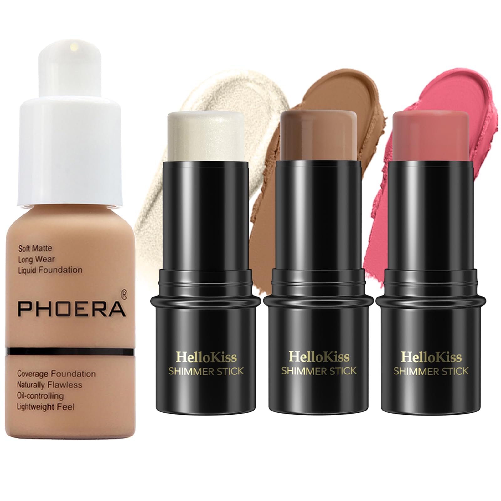 PHOERA Foundation,3 PCS Contour Stick Makeup Kit,Shades with Highlighter Stick,Blush Stick and Bronzer Contour,PHOERA Makeup Wrinkles Matte Natural Finish (105+ Medium Contour/Sand+#04,#07,#14)