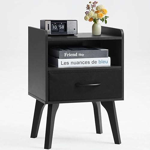 Miniatura 9 de Mesita de noche de madera, mesita de noche moderna de mediados de siglo, mesas auxiliares con cajones de tela y estante de almacenamiento abierto,