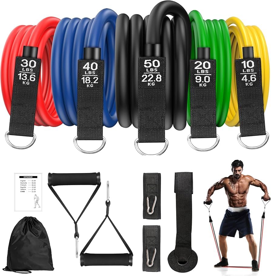 Resistance Bands Set for Exercise, Stretching and Workout Toning Tube Kit with Foam Handles, Door Anchor, Ankle Strap and Carrying Bag for Men, Women