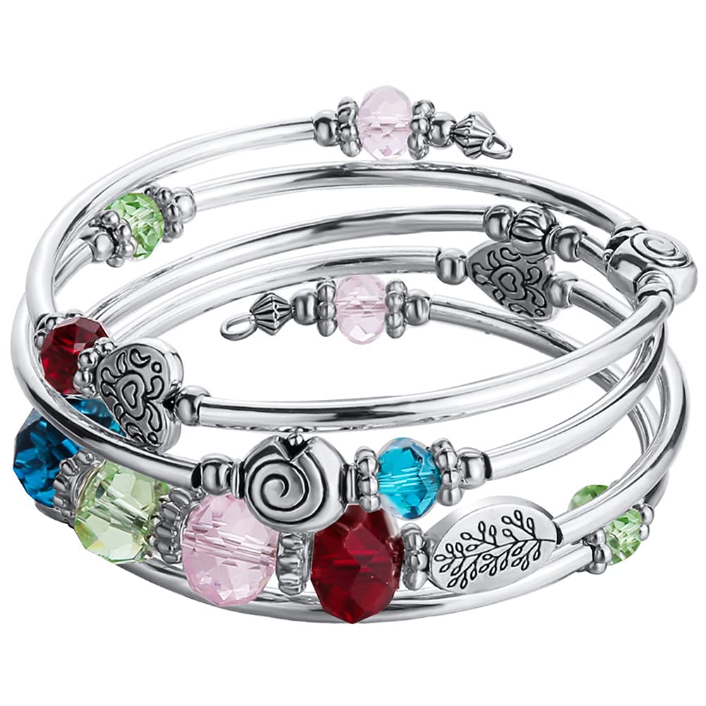 BULINLIN Crystal Beads Layered Bangle Bracelet, Silver Plated Metal Wrap Bracelet with Pearl, Jewellery Gifts for Women Ladies Friends, Crystal Metal Glass Pearl